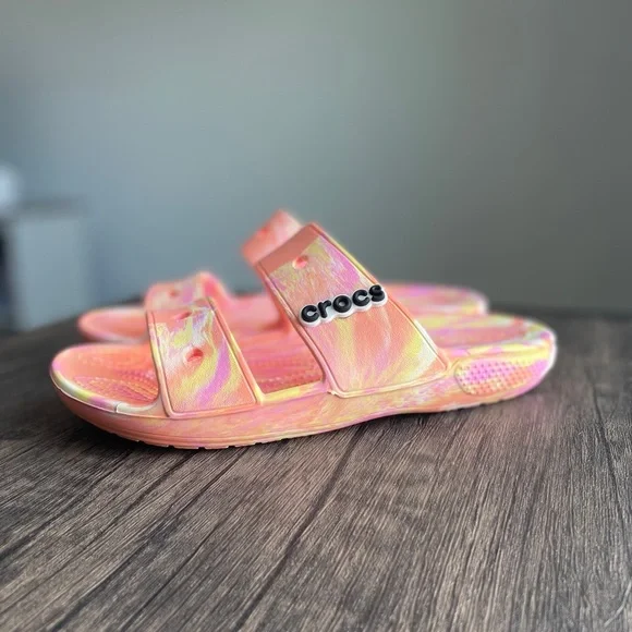 NWOT Crocs Unisex Marbled Slides in Pink and Orange - Picture 6 of 7